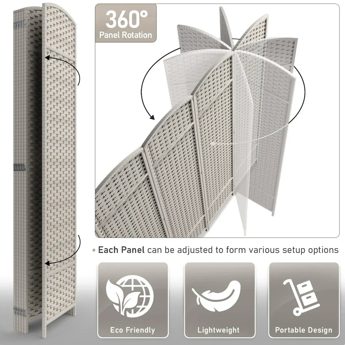 6 Panel Room Divider. 6ft Tall Extra Wide Folding Privacy Screen with Hand-Woven Mesh Panels
