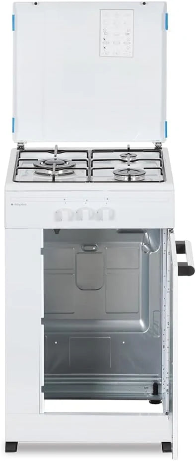Aspes Cocina Gas Butano 3 Zonas de Cocción. Blanco AKG3500PB. Control Manual. Quemador WOK triple llama. Compartimento Bombona. Tapa Abatible