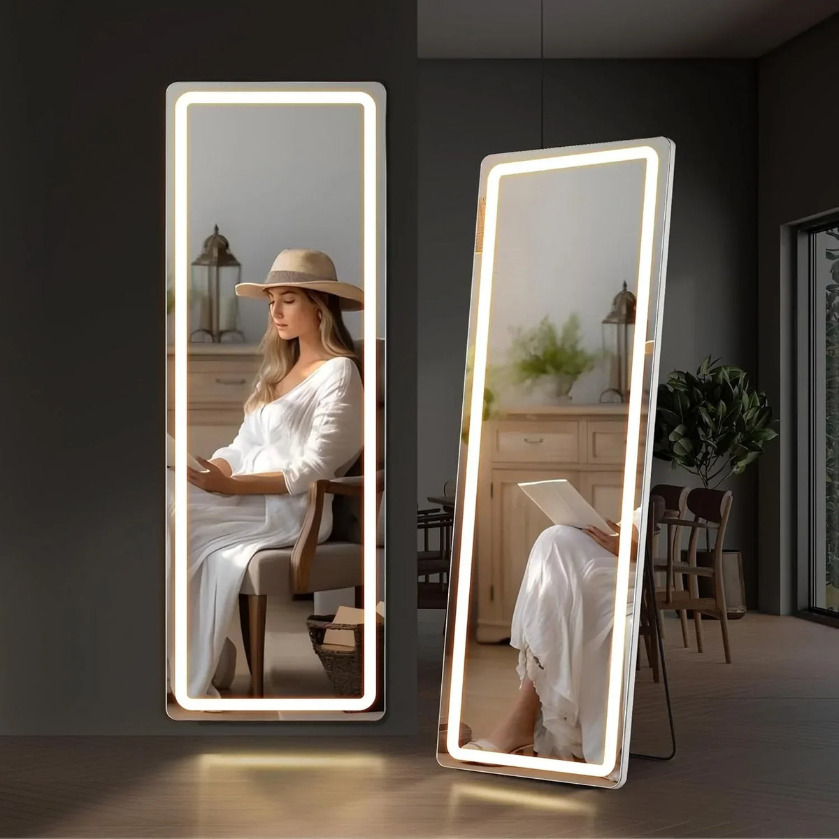 64 x 21 Inch Full Length LED Floor Mirror with Stand. Full Body Wall Mounted Mirror