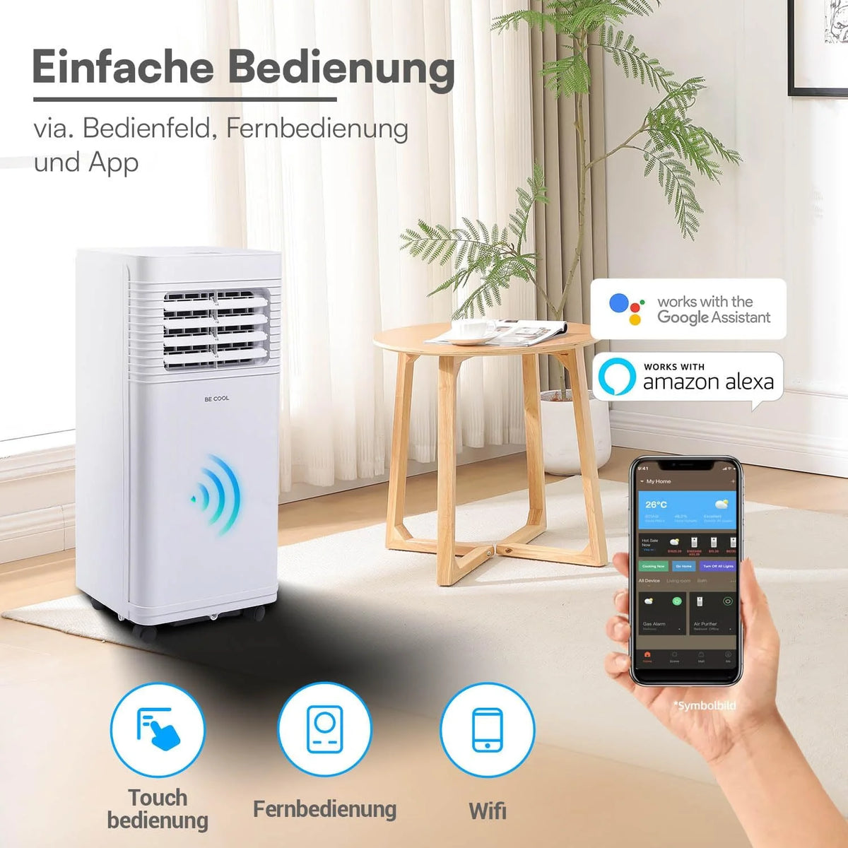 BE COOL Mobiles Klimagerät 7000 BTU mit WLAN. 3in1 Klimaanlage zum Kühlen. Entfeuchten & Lüften. für Räume bis 24 m². Fernbedienung. Timer.