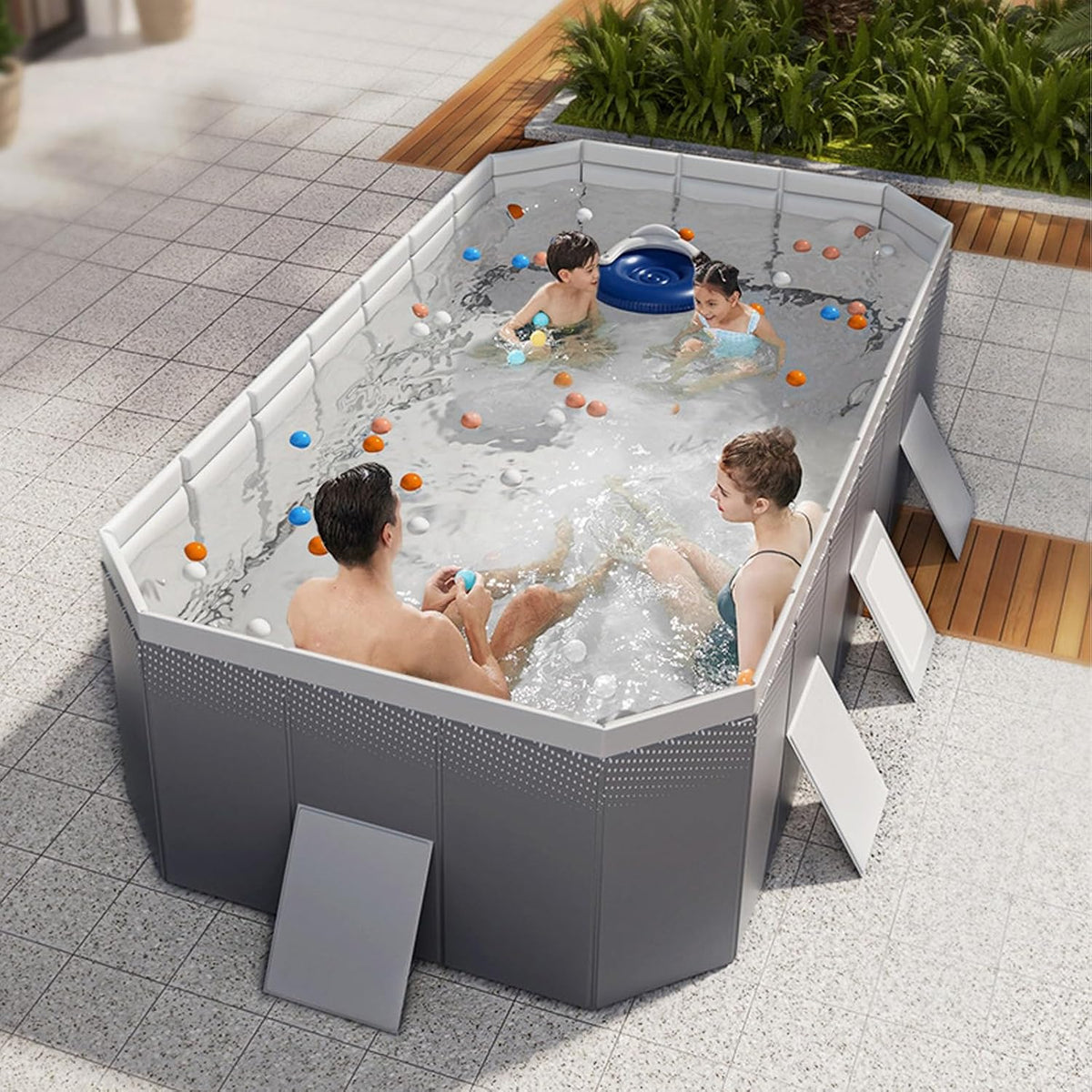 Faltbarer Pool. Hartplastikschale. rechteckiger Familienpool im Freien. tragbarer. Nicht aufblasbarer Pool mit Ablassschraube und Abflussloch für