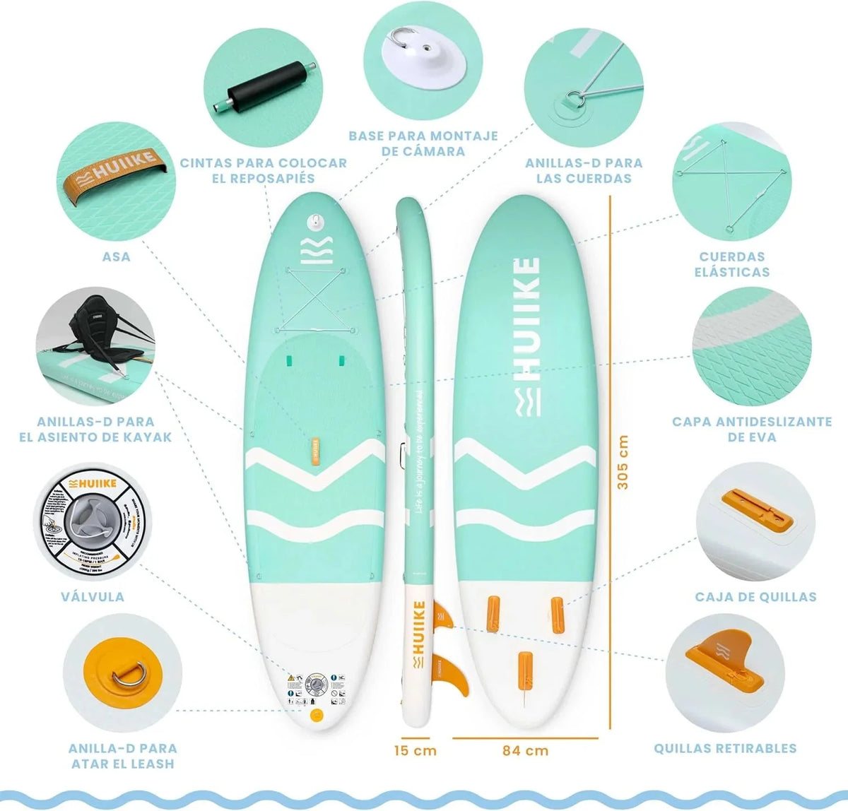 HUIIKE Tabla Paddle Surf Hinchable con Accesorios Incluidos. Remo. Quillas. Inflador. Stand Up Paddle Board Gran Estabilidad y Resistencia. 305 x 84 x