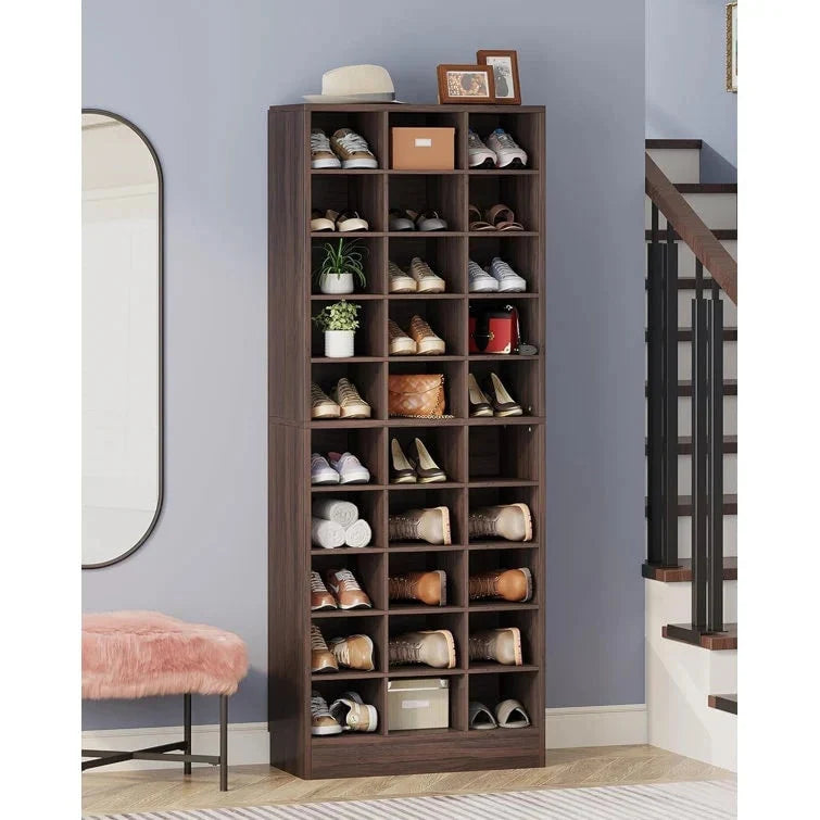 10-Tier Tall Shoe Cabinet. 30-Pair White Wood Shoe Storage Rack for Entryway and Closet