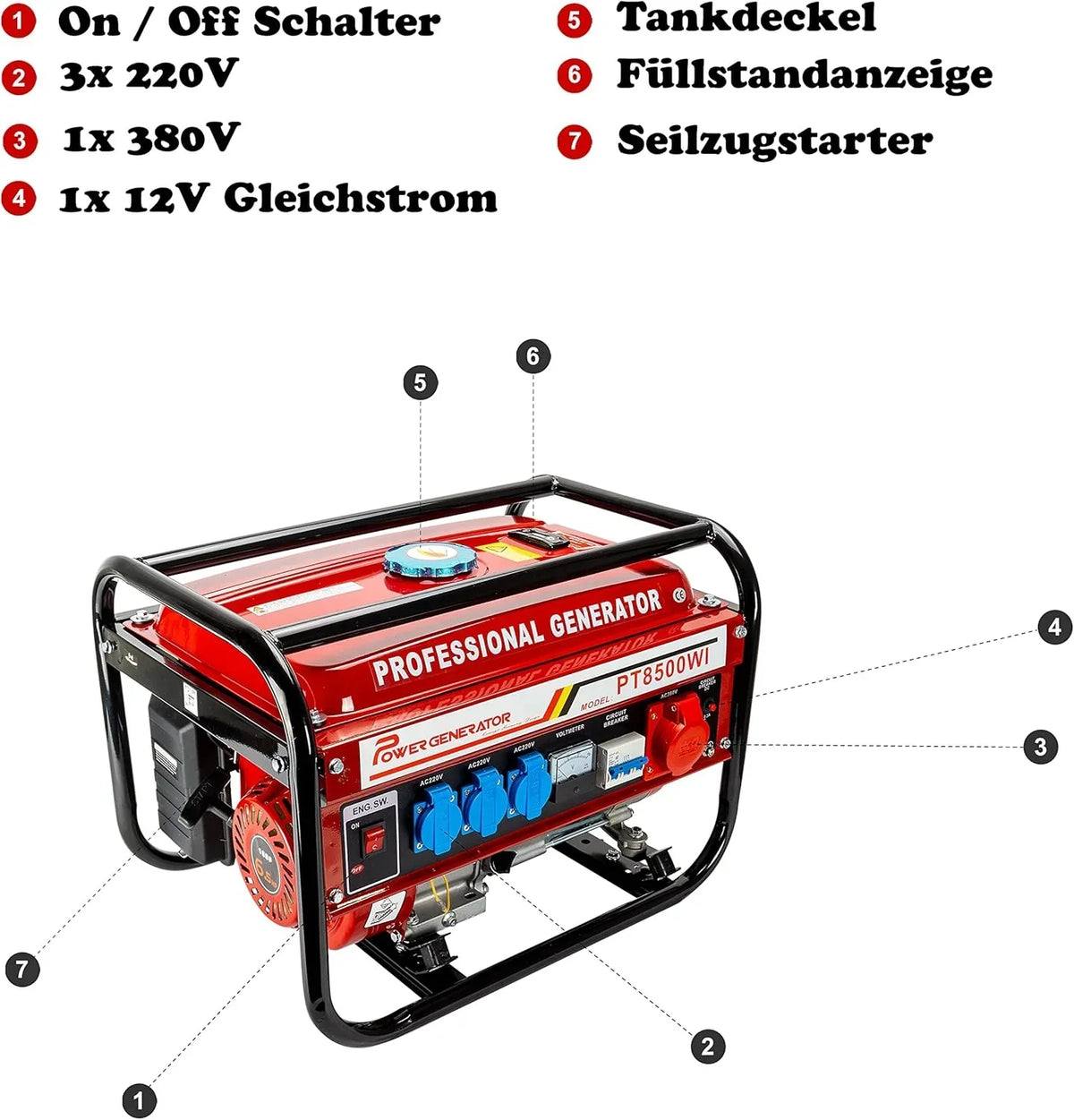 Generador de corriente con gasolina | Accesorios incluidos | Grupo electrógeno silencioso | 5 enchufes 3 x 230 V / 1 x 400 V / 1 x 12 V | 6.5 CV