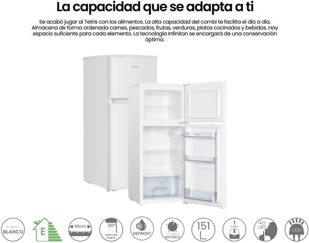 Frigorifico Dos Puertas Infiniton FG-151D12BEV. 151 Litros. 122 cm de Altura. Ancho de 50 cm. Ciclico. LED Interior. Regulación en altura. E. Blanco