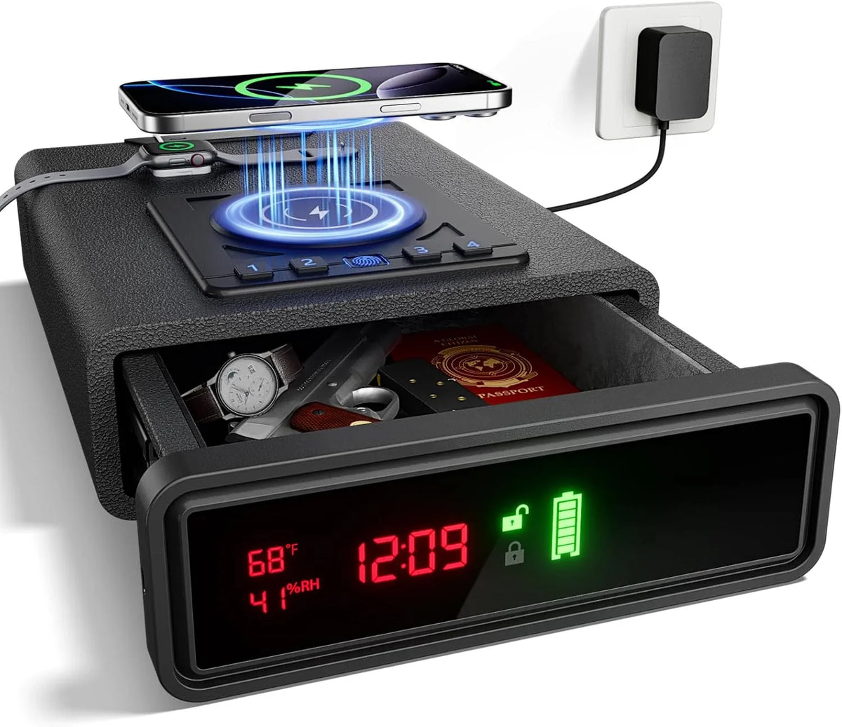 Smart Biometric Safe with Wireless Charging for Phone & Watch. 3 Access Methods to Unlock. Nightstand Drawer Safe LED Display with Humidity & Temperature Monitoring. Stopbox for Cash and Valuables