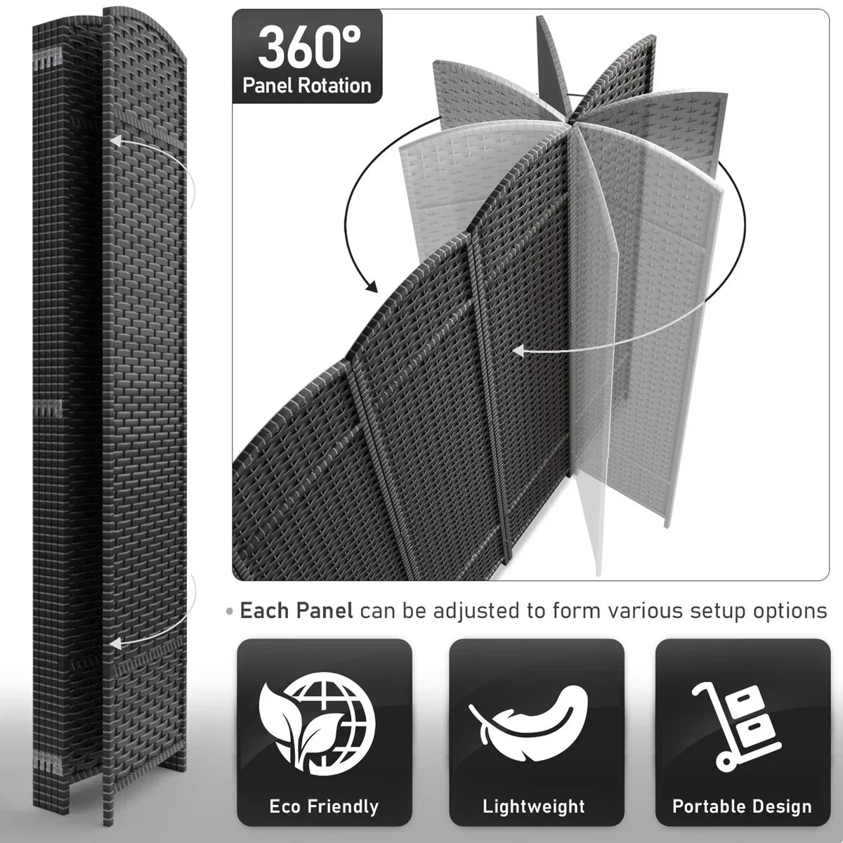 6 Panel Room Divider. 6ft Tall Extra Wide Folding Privacy Screen with Hand-Woven Mesh Panels