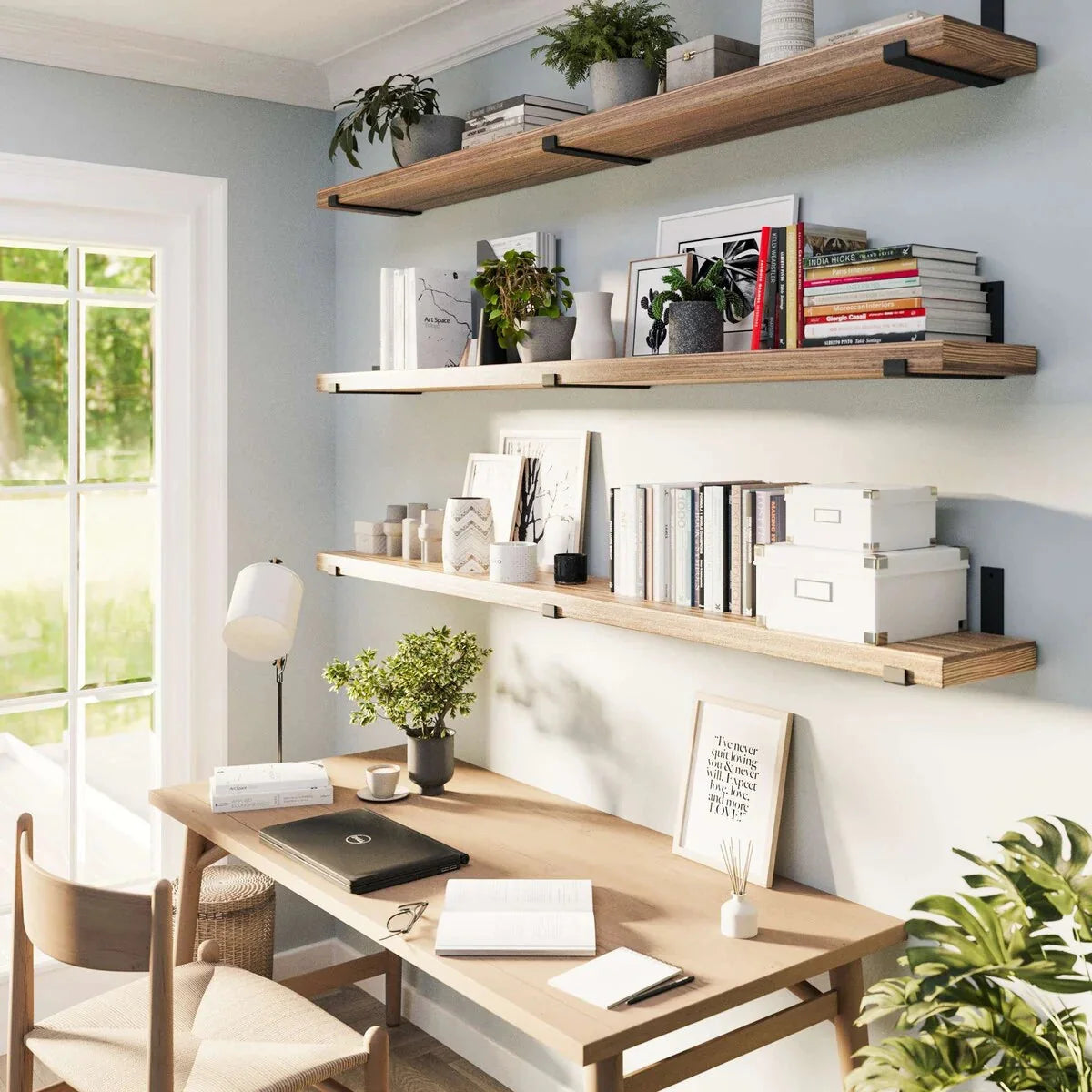 72 Inch Floating Wood Wall Shelves. Set of 3 Burnt Wood Display and Storage Shelves for Home Decor