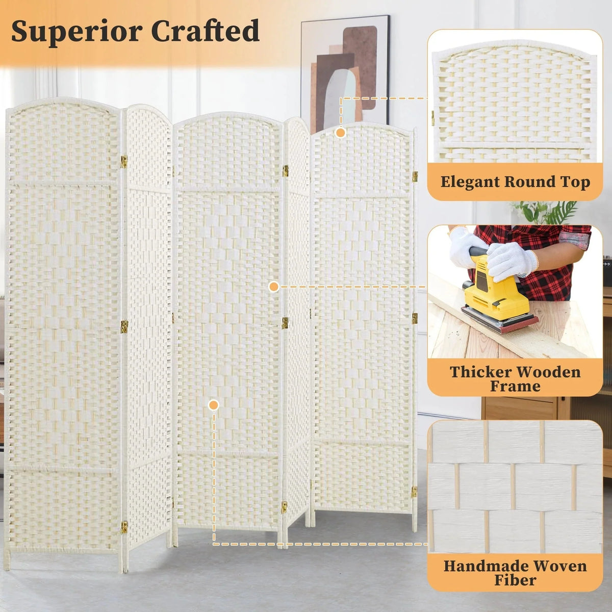 6 FT Tall Woven Fiber Room Divider. Freestanding Folding Privacy Screen