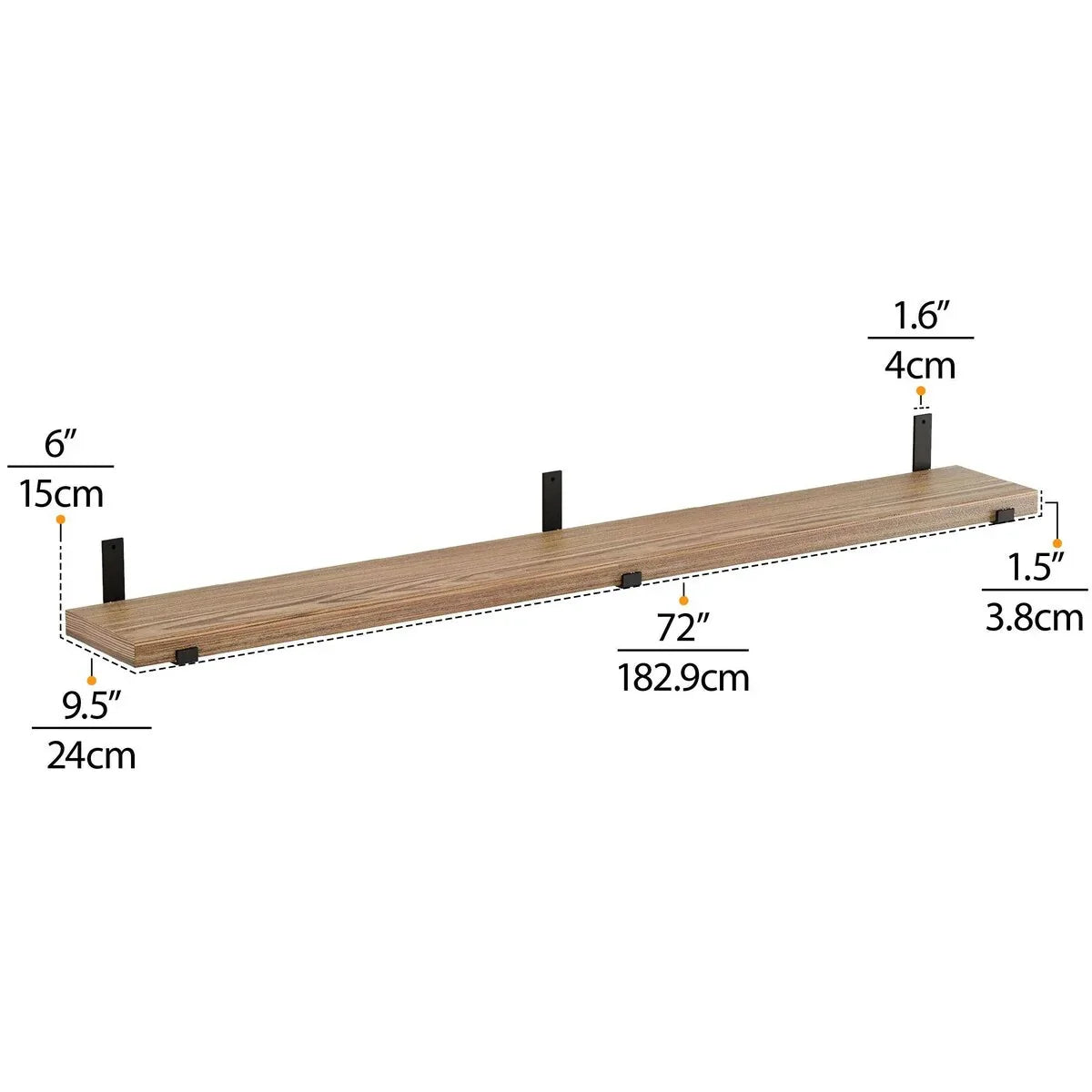72 Inch Floating Wood Wall Shelves. Set of 2 Burnt Wood Display and Storage Shelves for Home Decor