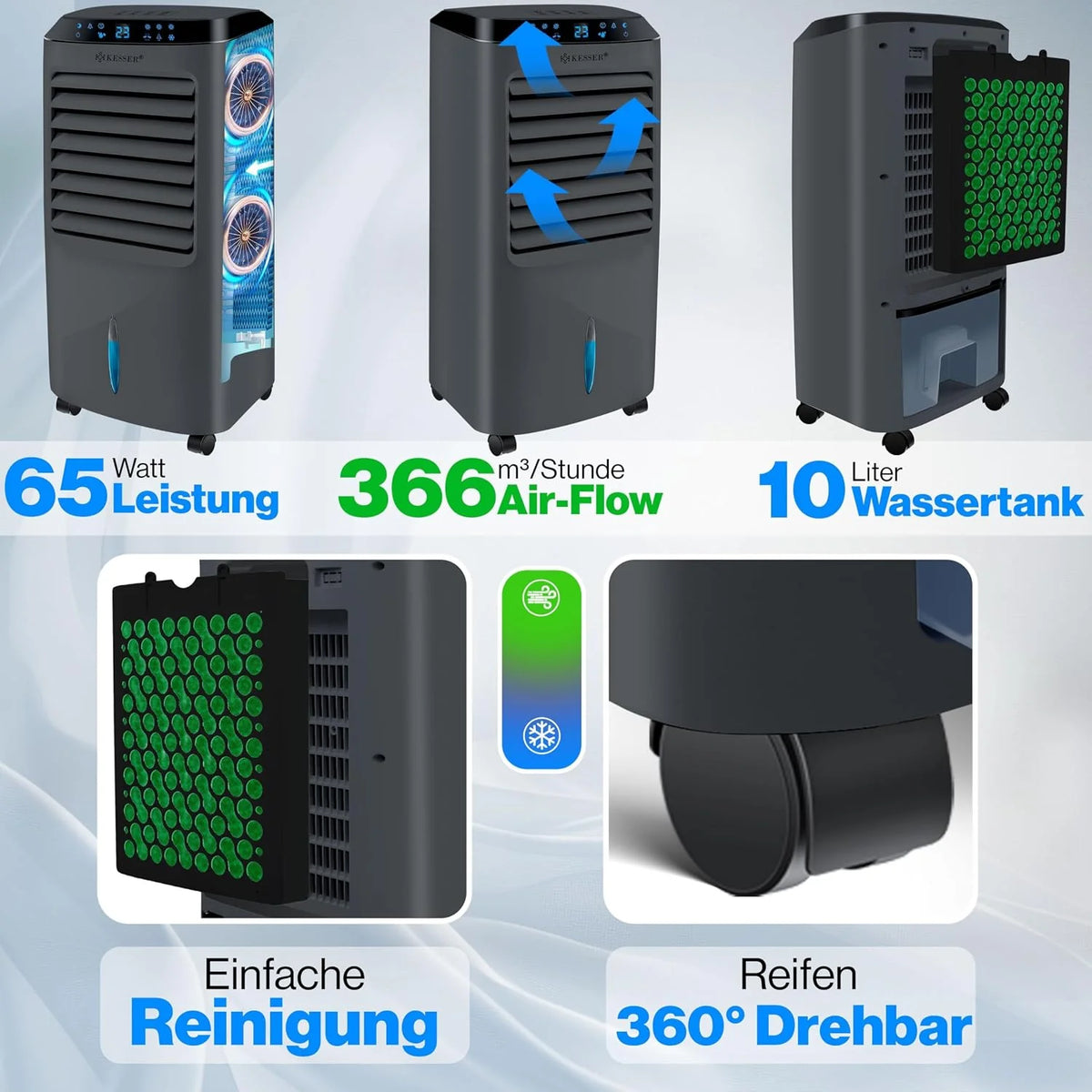KESSER Mobile Klimaanlage 4in1 Luftkühler – Air Cooler mit Fernbedienung & Timer. 10L Wassertank. Ionisator & Luftbefeuchter. Ventilator Klimagerät