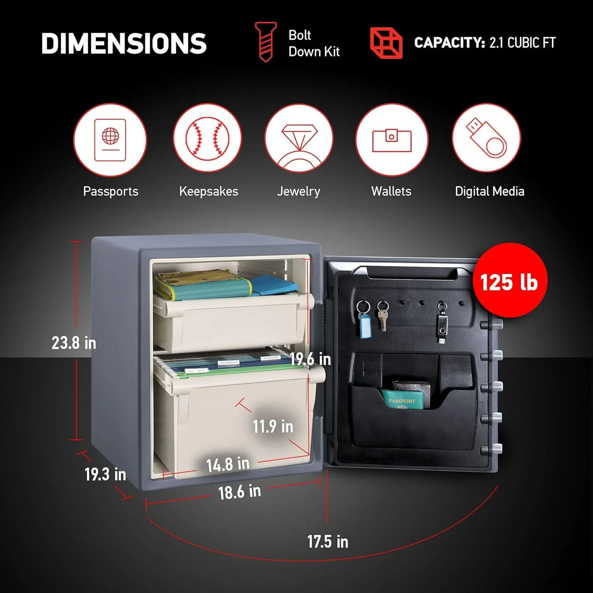 1.23 Cu Ft Waterproof and Fireproof Digital Safe Box. Alloy Steel Security Safe for Home and Office