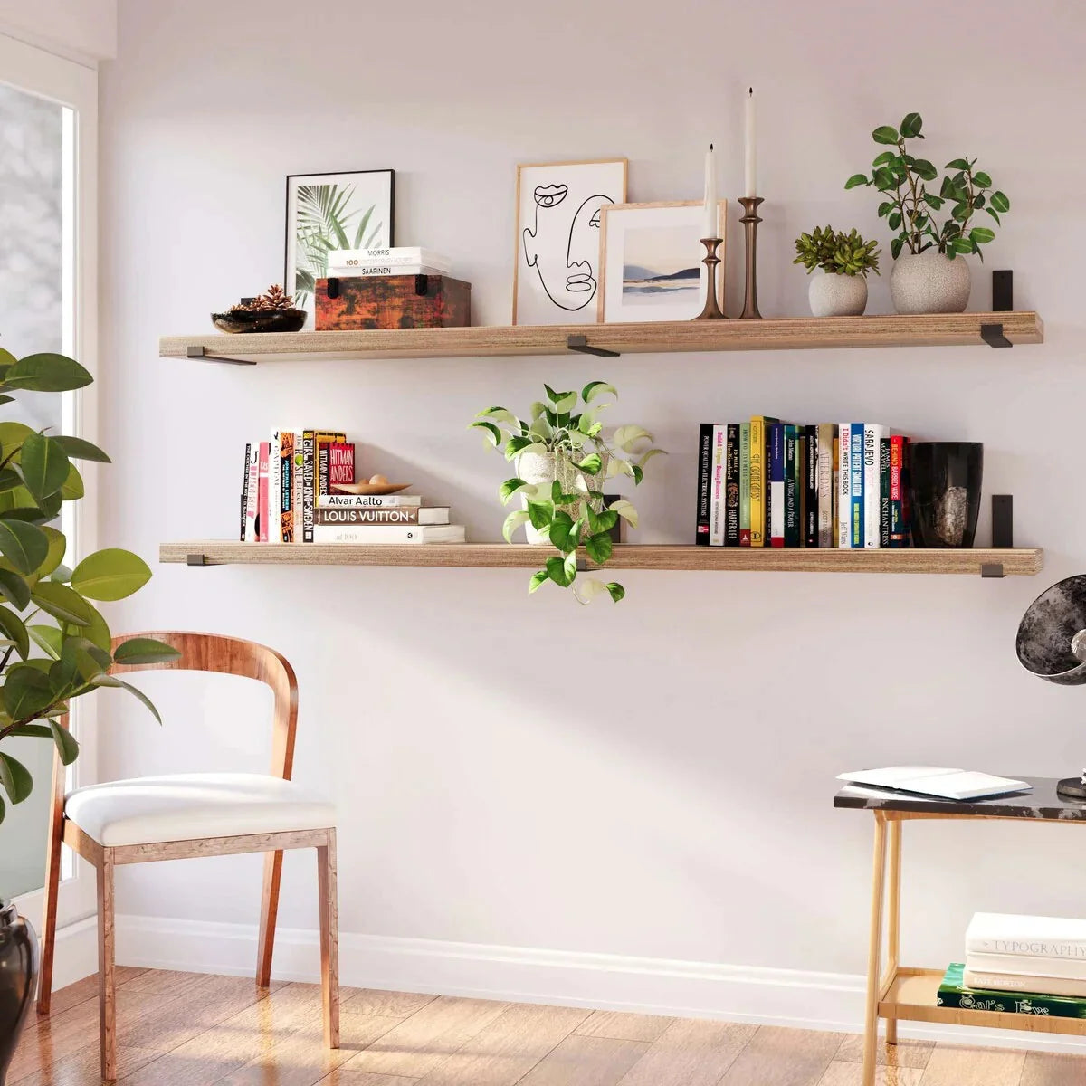 72 Inch Floating Wood Wall Shelves. Set of 2 Burnt Wood Display and Storage Shelves for Home Decor
