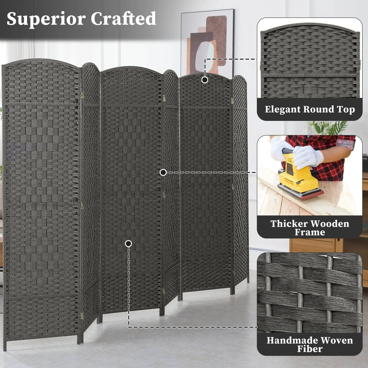 6 FT Tall Woven Fiber Room Divider. Freestanding Folding Privacy Screen