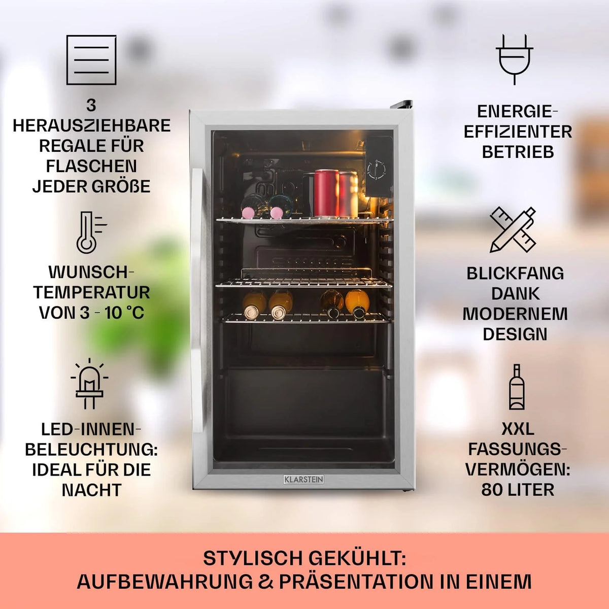 Klarstein Mini Kühlschrank mit Glastür. Mini. für Zimmer. Getränkekühlschrank Klein mit Verstellbaren Ablagen. 80 Liter. Indoor/Outdoor Kühlschrank