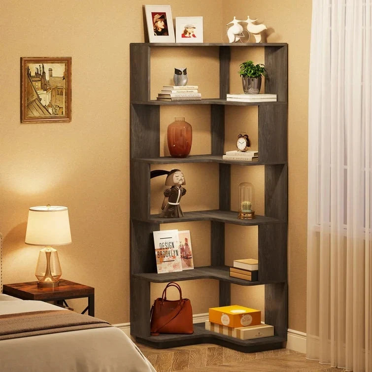 64.9 Inch Tall 6-Tier Corner Bookshelf. Freestanding Wood Industrial Bookcase