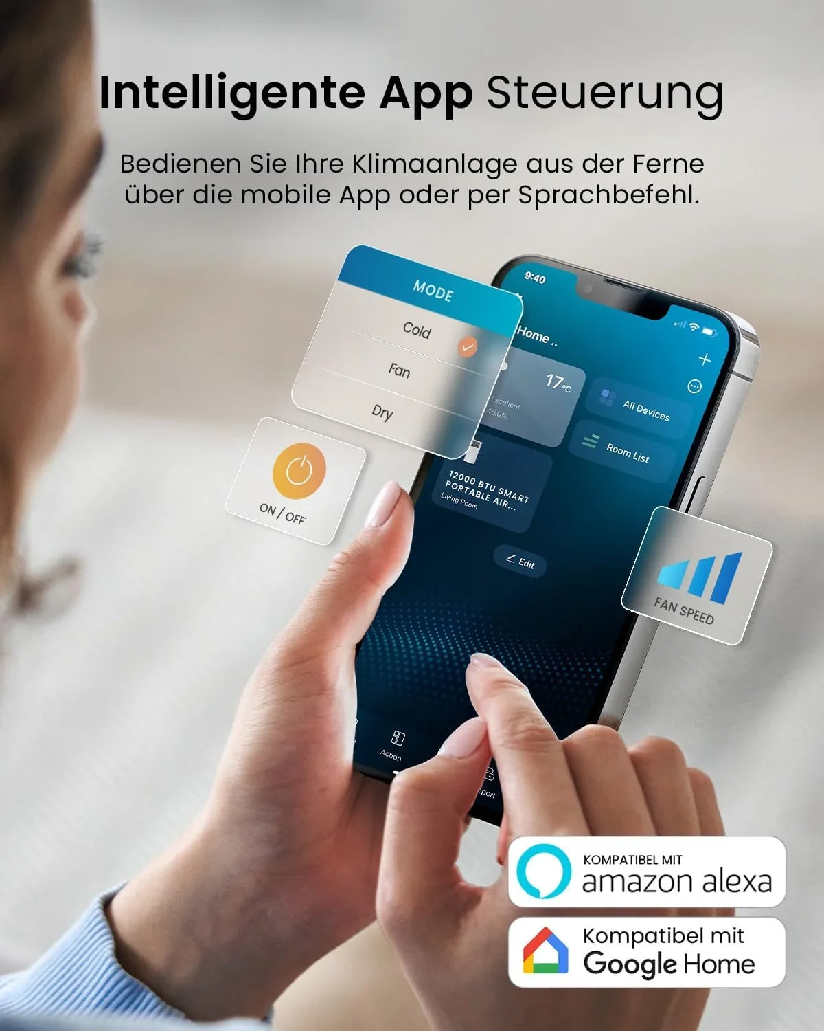 Pro Breeze 12000 BTU Mobile Klimaanlage (Räume bis 50m2) – Klimaanlage mobil mit App-Steuerung. Timer & LED-Display – inkl. Fensterabdichtung &