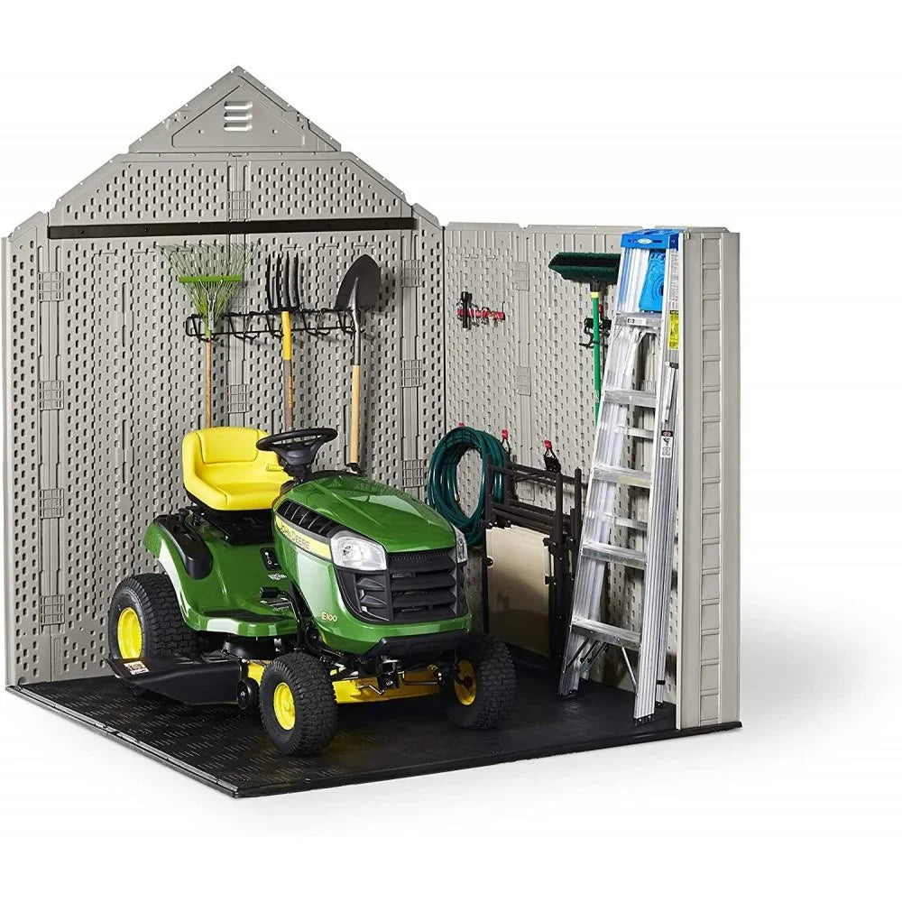 7 x 7-Ft. Resin Outdoor Garden Storage Shed with Windows and Utility Hooks. Sand