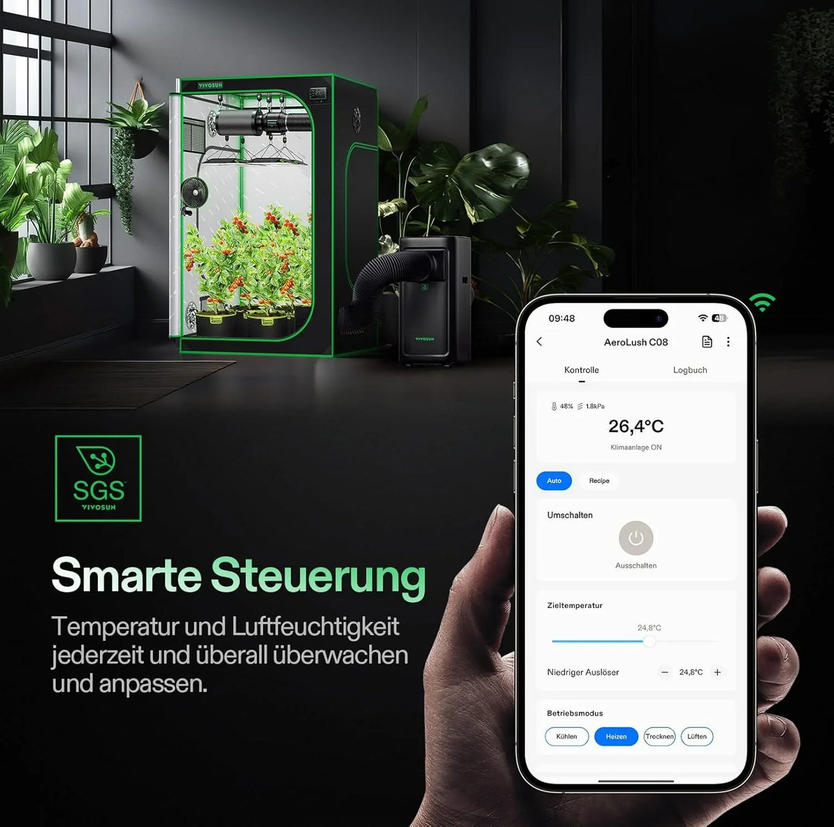 VIVOSUN Smart Klimaanlage. 7000 BTU. 4-in-1 Funktion mit Temperatur- & Feuchtigkeitssensor. Intelligente Fernbedienung. Ideal für Growzelte und