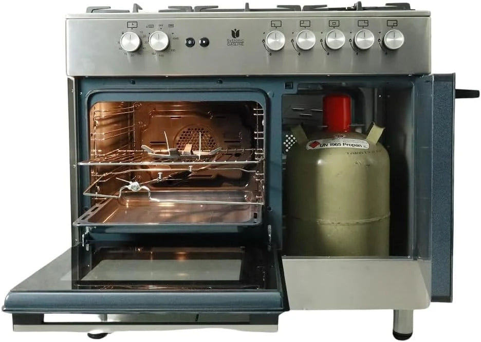 Gasline Gas Standherd mit Flaschenschrank 90cm GAG90GOXFL. 5 Flammig Sabaf-Brenner. Elektrische-Zündung und Vollzündsicherung Propan LPG...