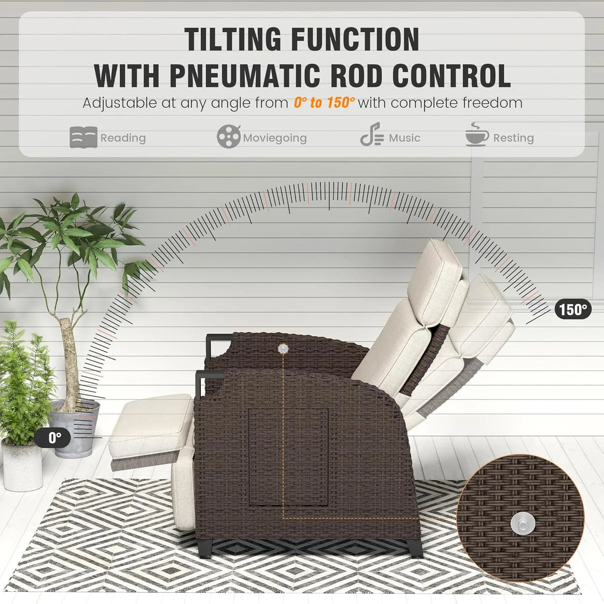 Amopatio Relaxliege Liegesessel. Rattan Sonnenliege mit Verstellbar Rückenlehne und Klapptisch. Outdoor Gartensessel wetterfestes. für Terrasse.