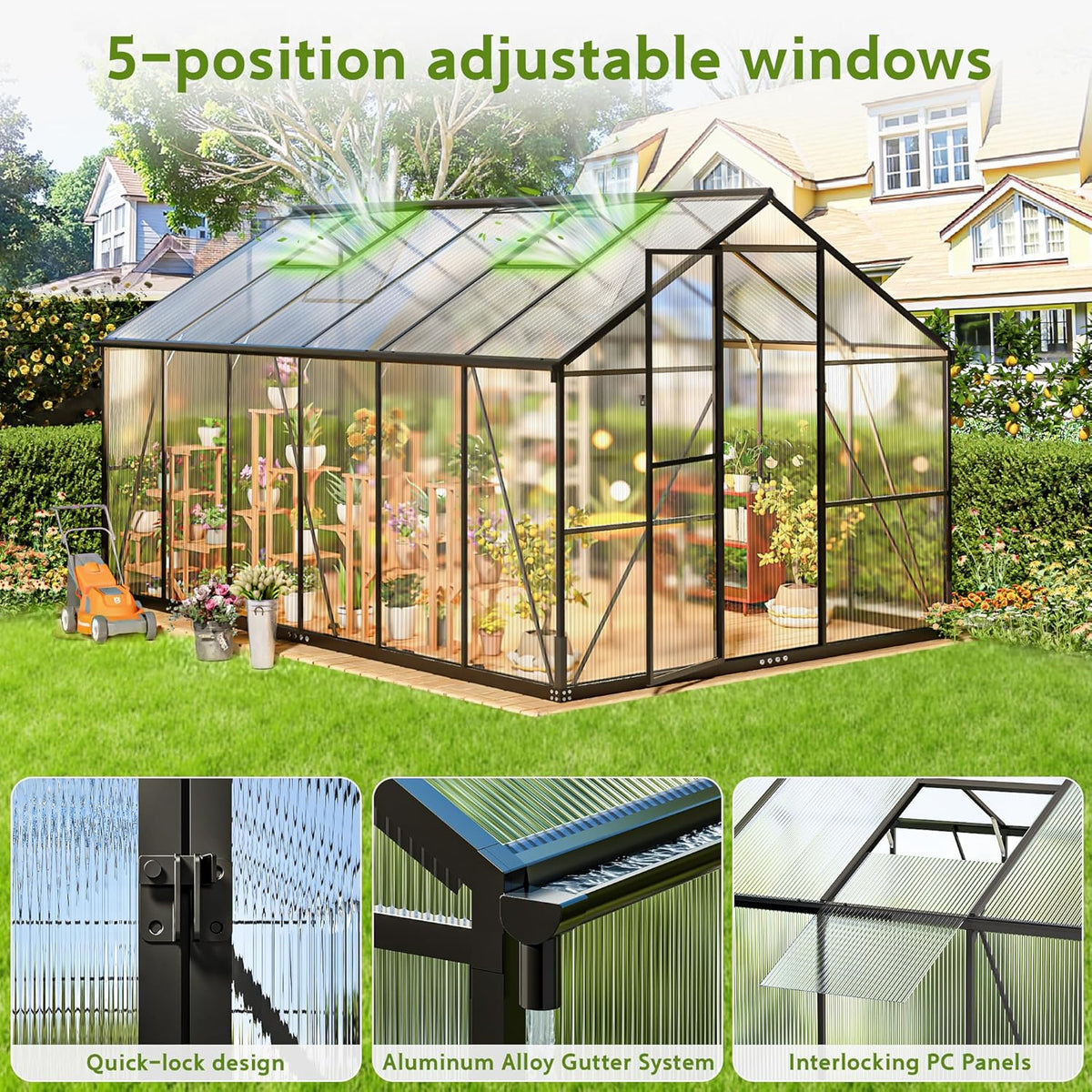 Gewächshaus Aluminium für den Garten. 362x247x205cm Gewächshaus Aluminium mit Fundament. Verstellbare Dachentlüftung. Vielseitig nutzbar als