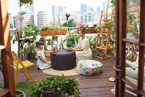 37 Gallon Round Deck Box. Patio Table for Outdoor Cushion Storage. Brown