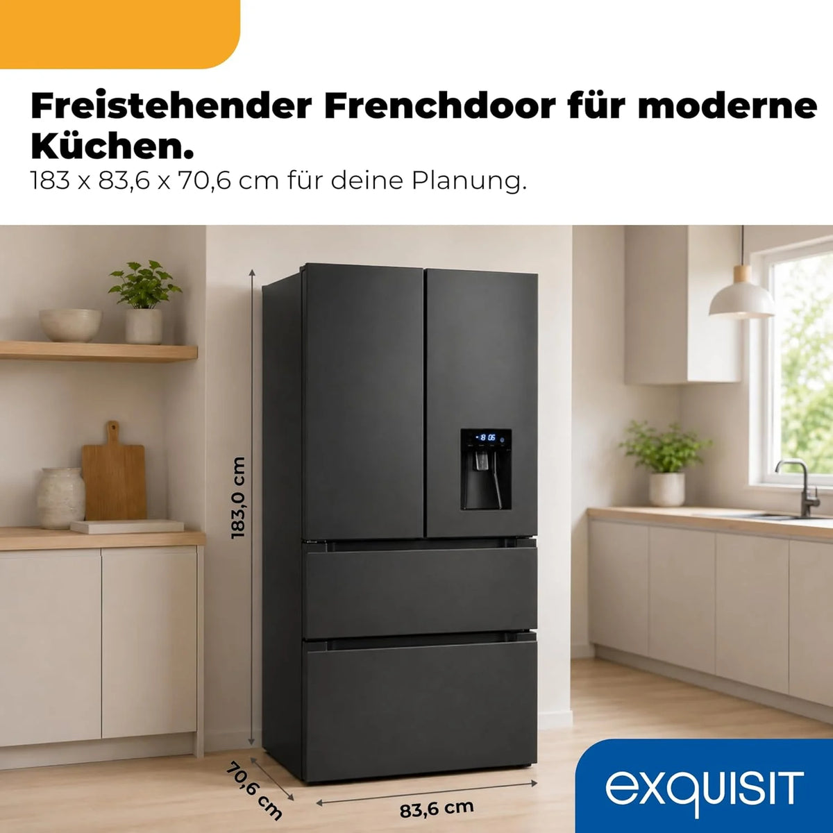 Exquisit Frenchdoor Kühl-Gefrierkombination | 506 l Nutzinhalt. Energieklasse E. 41 dB. No Frost Kühlen & Gefrieren. Schnellgefrieren. Wasserspender.