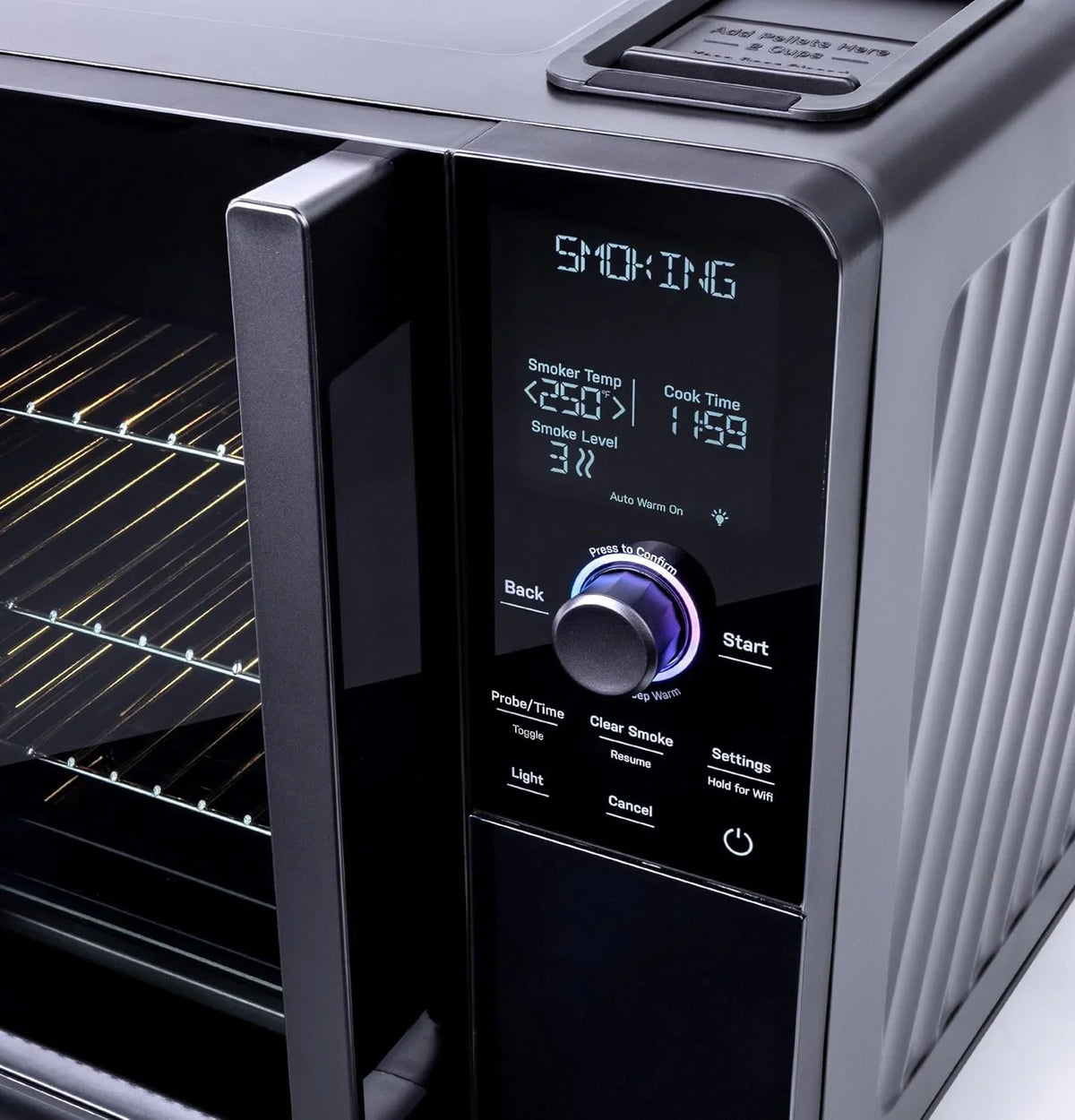 Smart Indoor Pellet Smoker. with Active Smoke Filtration. 5 Smoke Control Settings. WiFi Connected. Electric. Countertop BBQ Appliance. Black