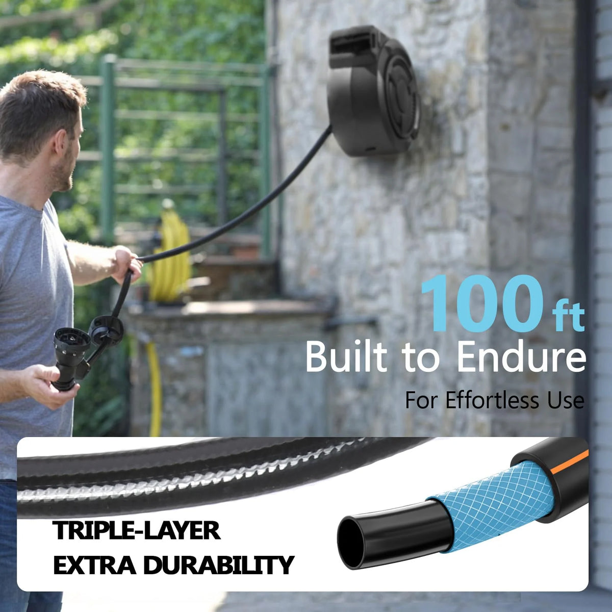 100 ft Wall Mounted Garden Hose Reel. 1/2 Inch Hose with 180° Swivel