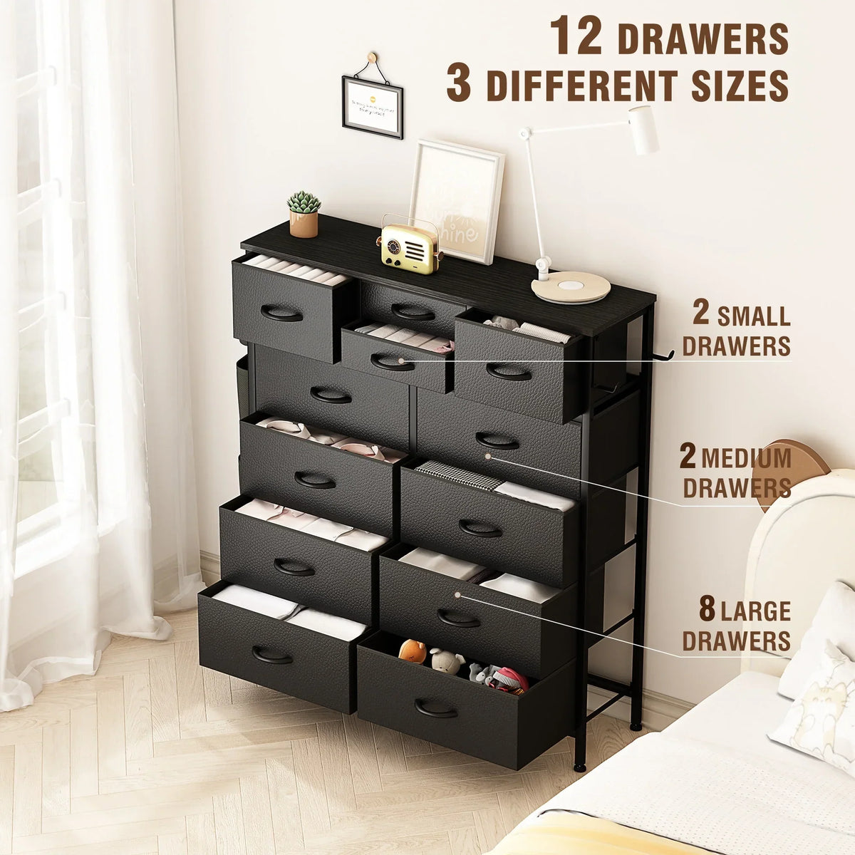 12 Drawer Fabric Dresser. Tall Bedroom Chest of Drawers with Storage