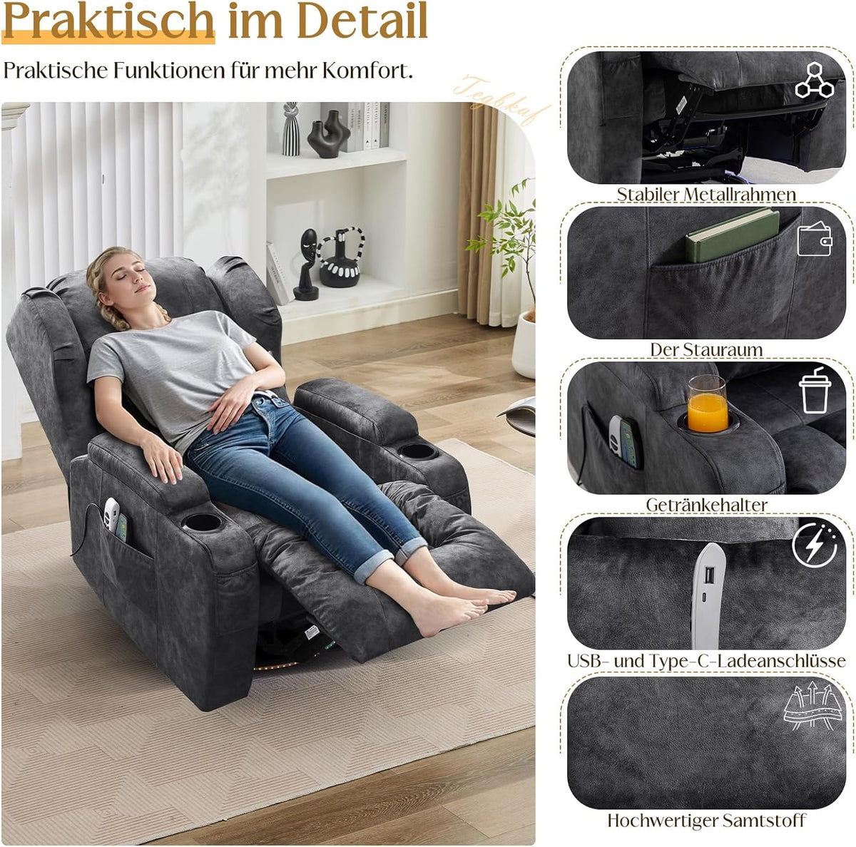 Elektrischer Fernsehsessel Relaxsessel mit Liegefunktion.240°Drehsessel Kinosessel Massagesessel mit Wärmefunktion.TV Sessel Liegesessel fürs