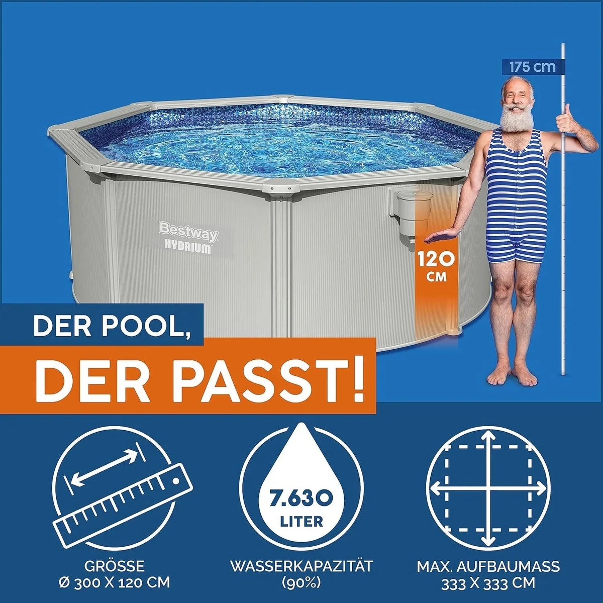 Bestway Hydrium - Piscina de Pared de Acero con Filtro de Arena. diámetro de 300 x 120 cm. Gris. Redonda