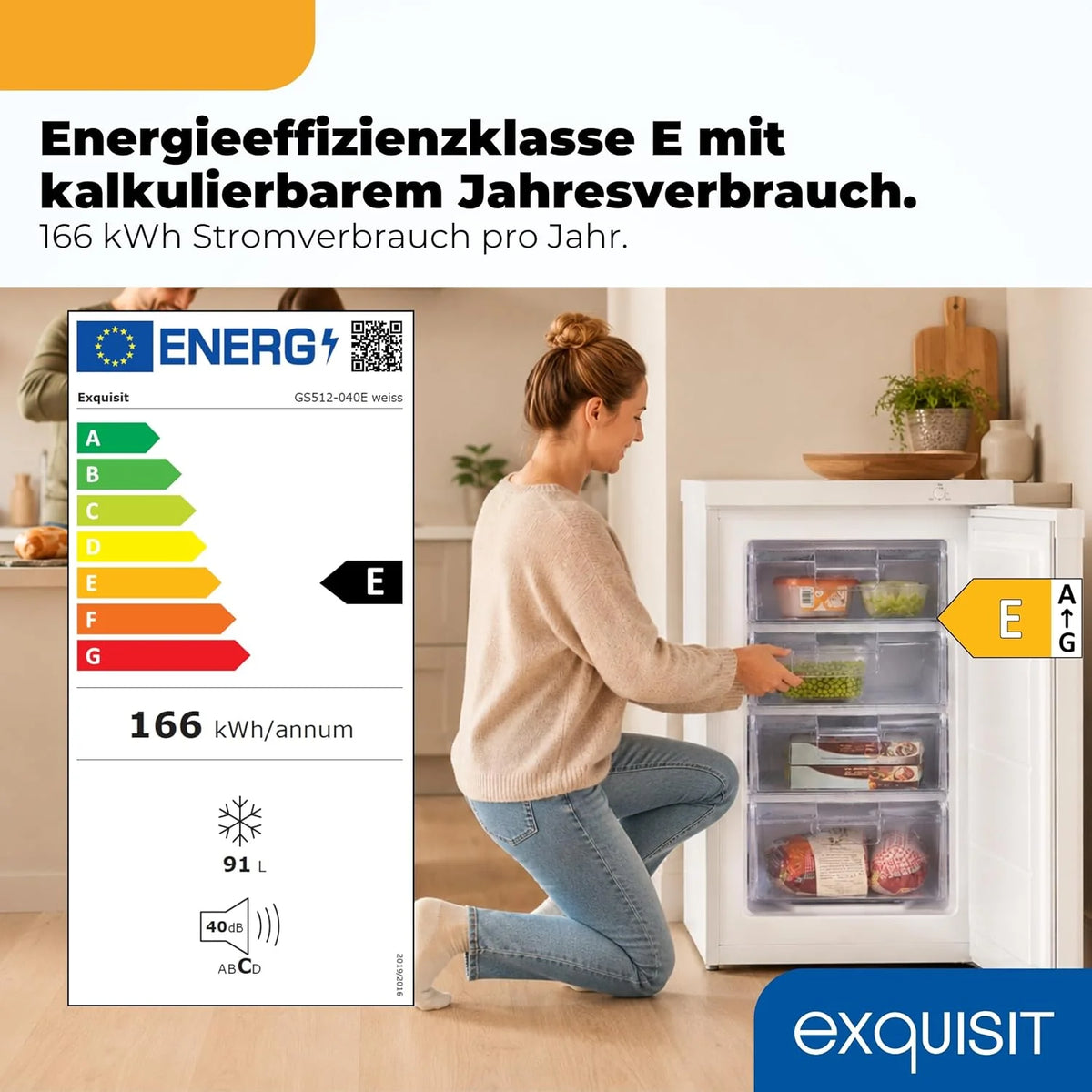 Exquisit Gefrierschrank | 91 l Nutzinhalt. Energieeffizienzklasse E. 40 dB(A) | kompakte Bauform. 4-Sterne-Gefrieren. manuelle Temperaturregelung.