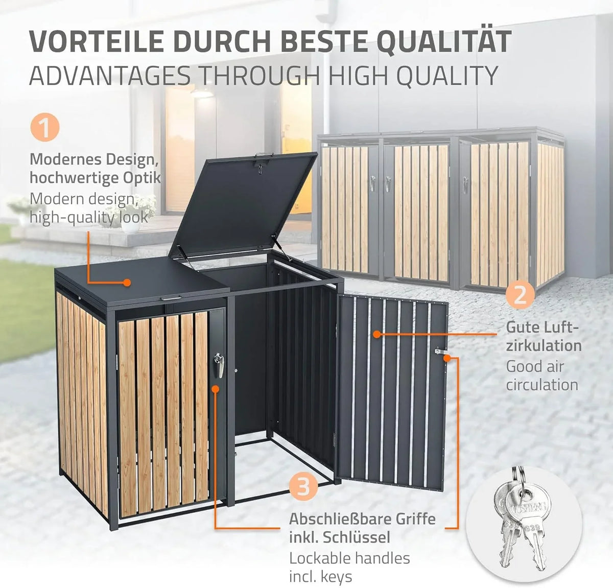 ML-Design Mülltonnenbox 3er 3 Tonnen 240L 200x80x116.3cm Anthrazit-Holzoptik. Stahl wetterfest/abschließbar Mülltonnenverkleidung Klappdeckel/3 Türen.