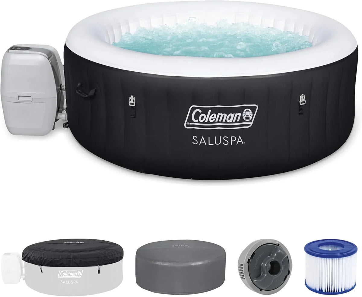 2-4 Person Inflatable Hot Tub. Portable Round Outdoor Spa with 120 Soothing Air Jets and Insulated Cover. Black