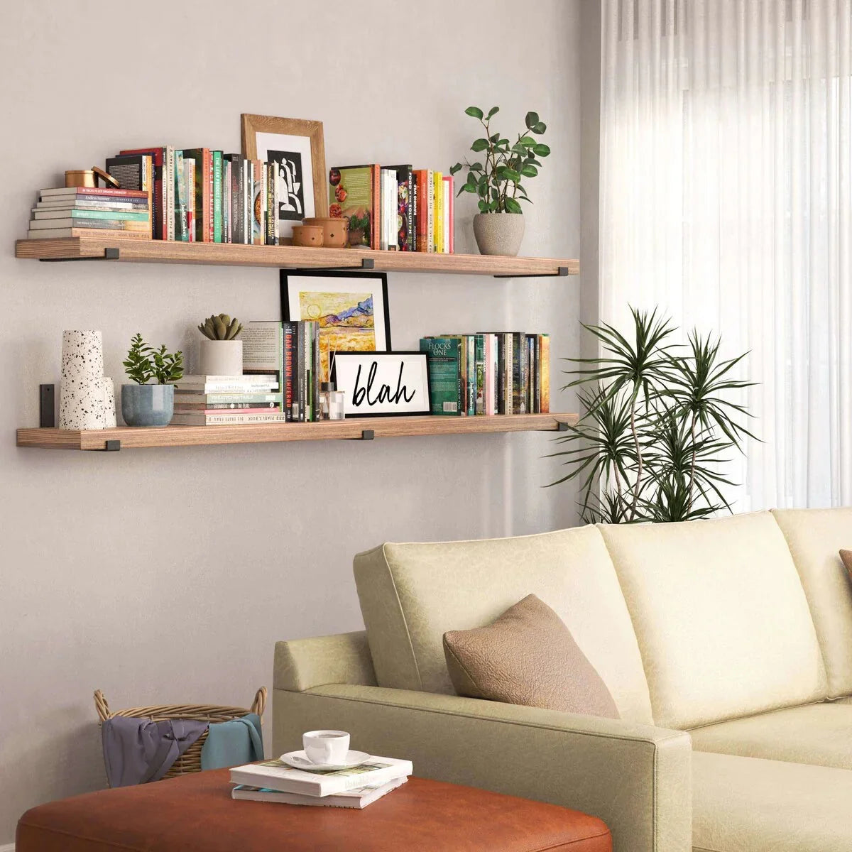 72 Inch Floating Wood Wall Shelves. Set of 2 Burnt Wood Display and Storage Shelves for Home Decor
