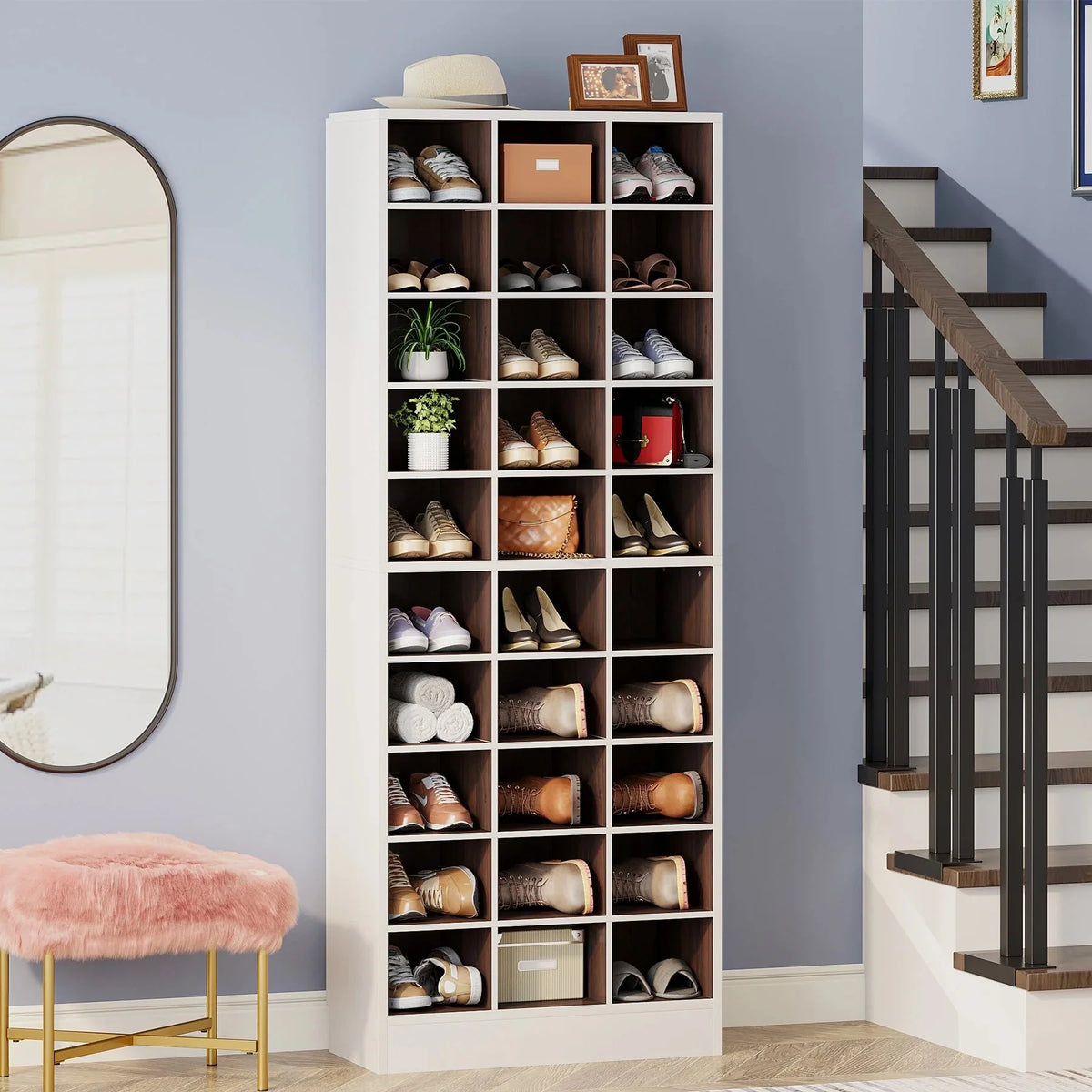 10-Tier Tall Shoe Cabinet. 30-Pair White Wood Shoe Storage Rack for Entryway and Closet