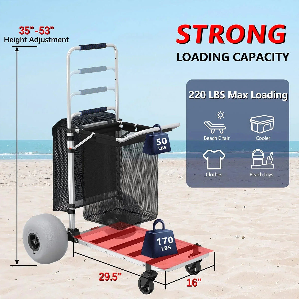 Foldable Beach Cart with Adjustable Handle and 12 Balloon Wheels. Heavy Duty Aluminum 220LBS Capacity