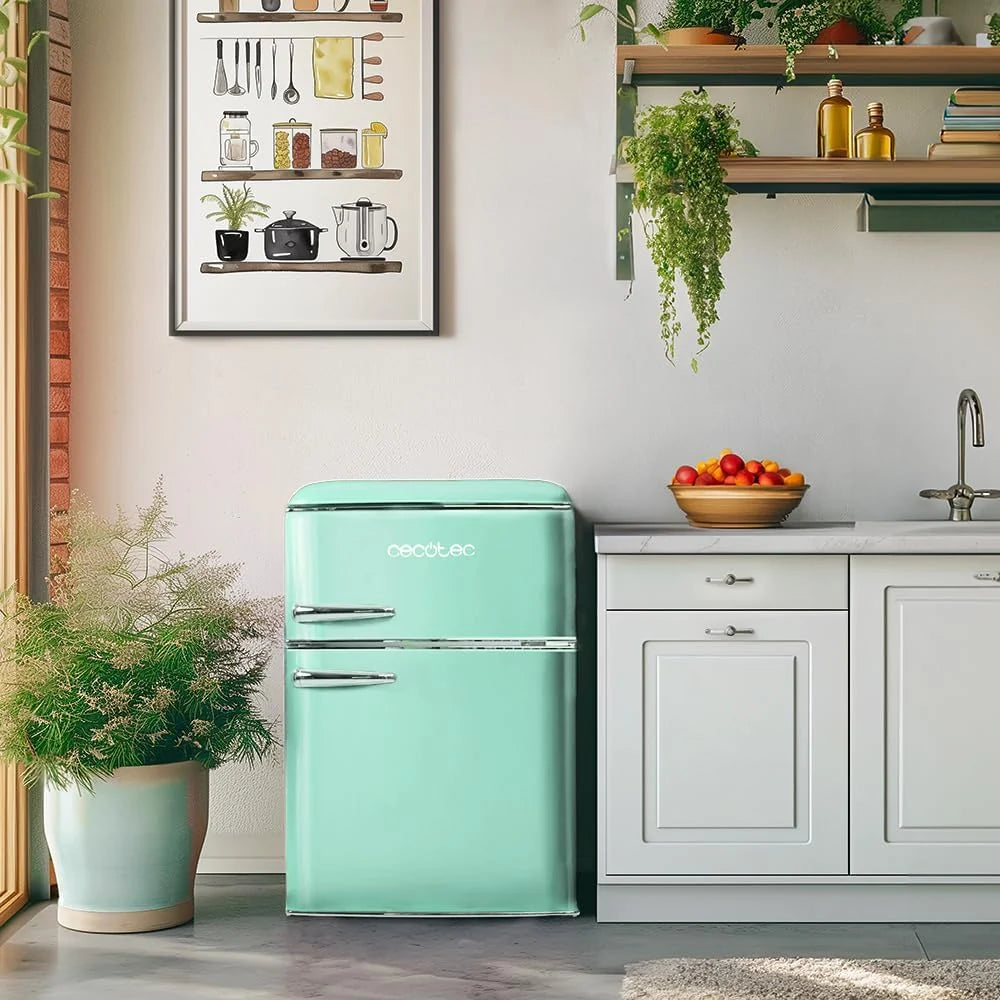 Cecotec Nevera Pequeña - Frigorífico 2 Puertas - Retro 86L - Bolero CoolMarket 2D Origin 86 Green E. 89.3cm de Alto y 48.7cm de Ancho. Clase