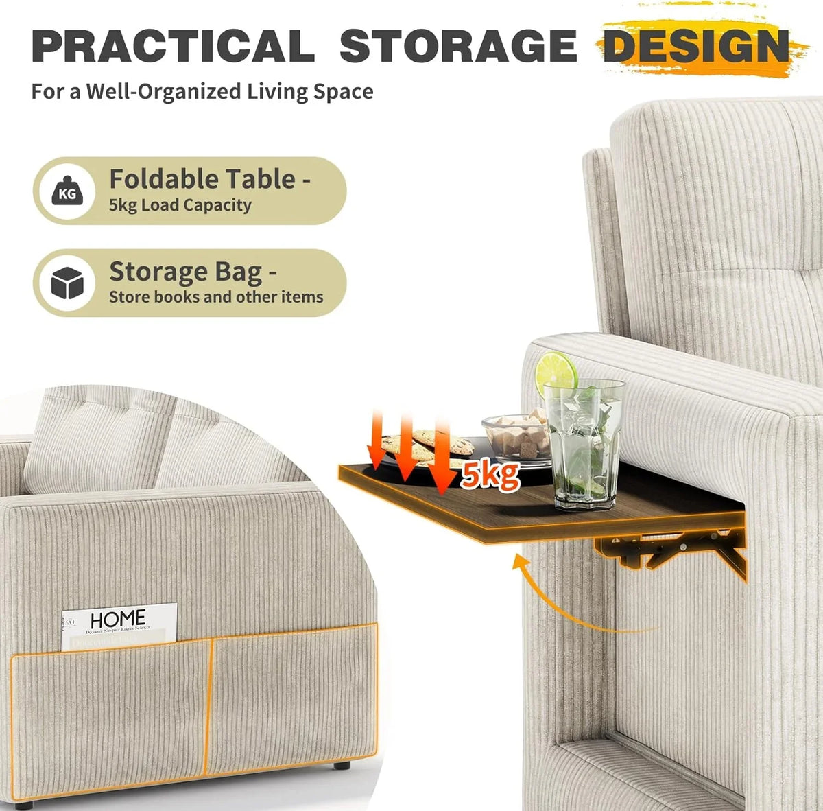 YOUDENOVA Sofá Cama 3 en 1. Sillón Cama multifunción. Sofá reclinable con Respaldo Regulable en 5 Posiciones. Sofá Cama para 2 Personas con Mesa y
